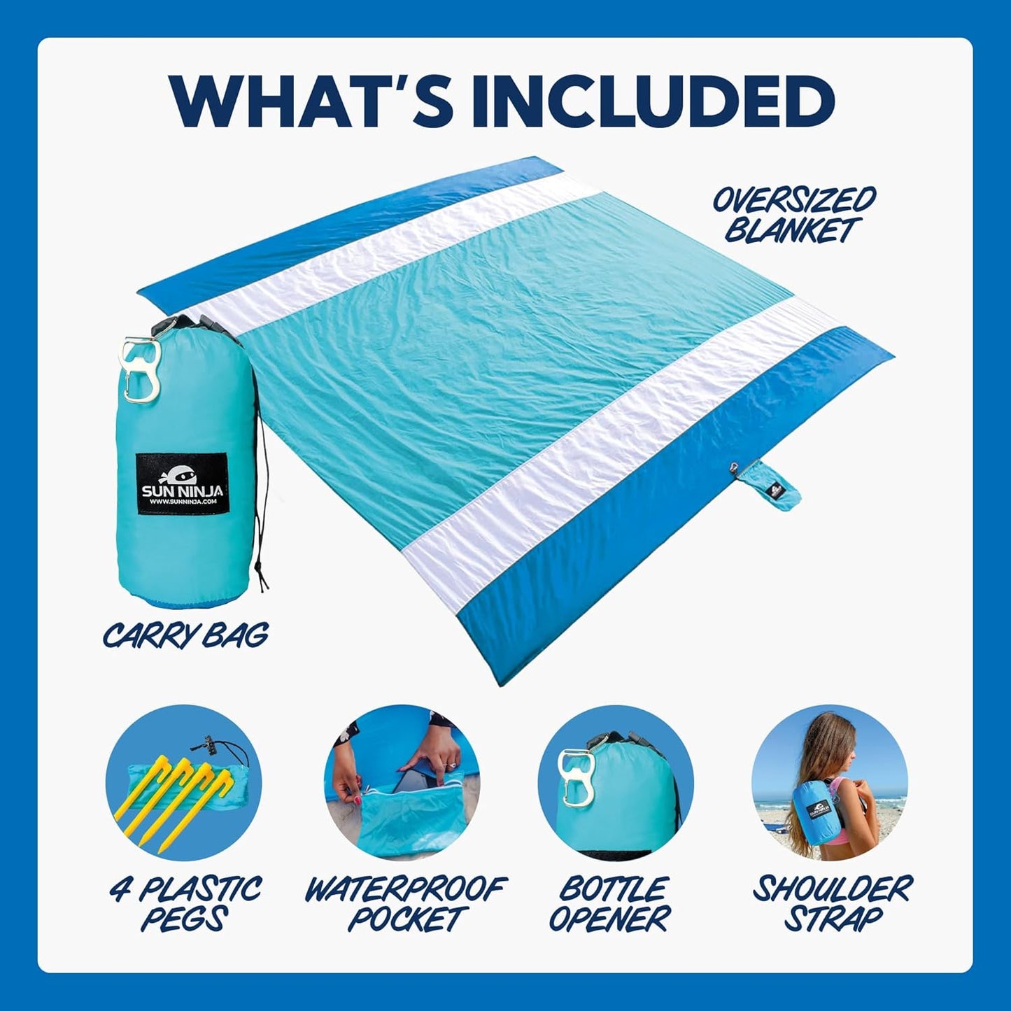 SUN NINJA Sand Proof Beach Blanket - Lightweight & Quick-Dry Mat with Travel Bag | Giant 10'x9' for Outdoor Fun
