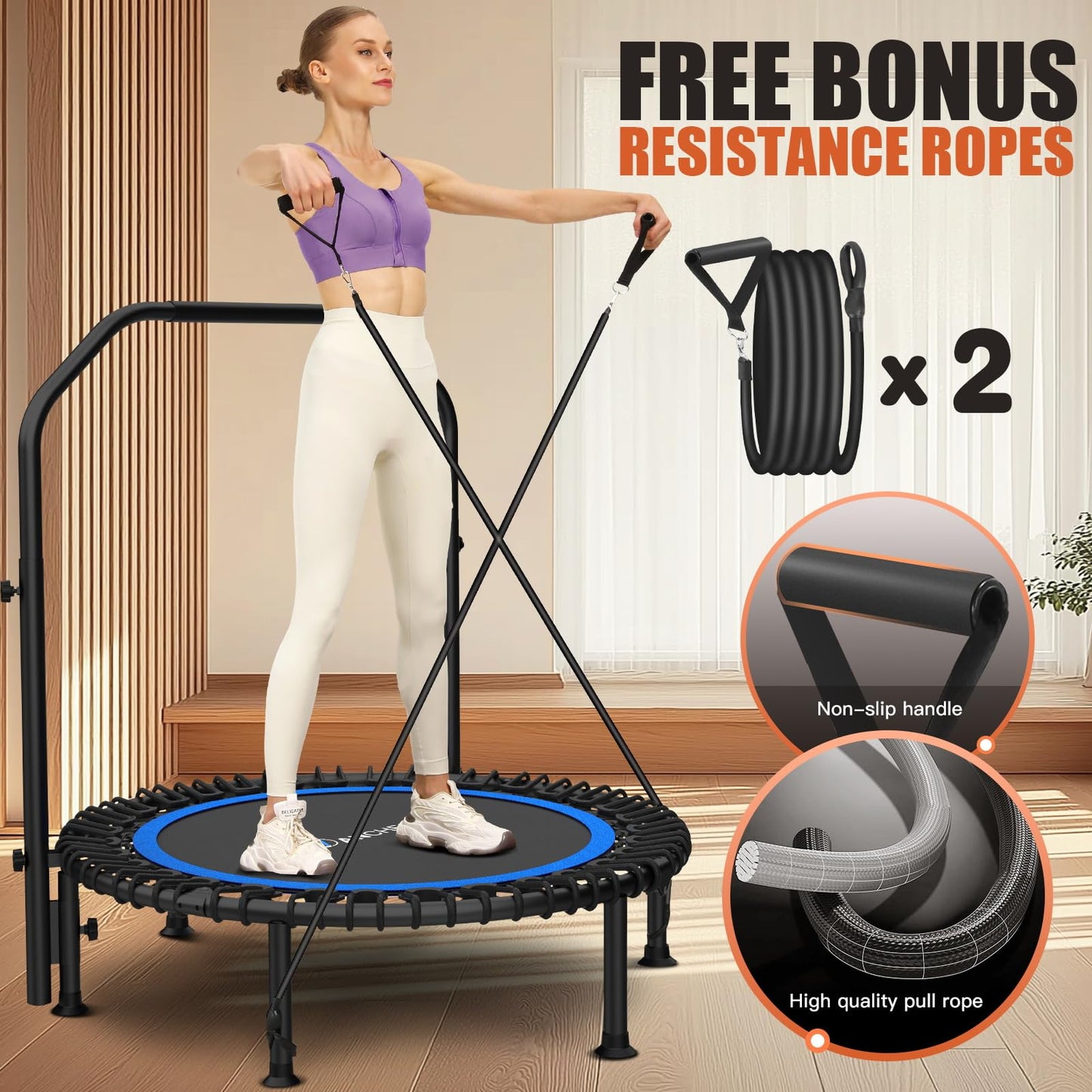 ANCHEER 40" Foldable Rebounder Trampoline for Adults/Kids with Resistance Bands and Bungees, Fitness Home, Indoor & Outdoor Mini Trampoline with Bar and Safety Padding - Max Load 330lbs (Blue)