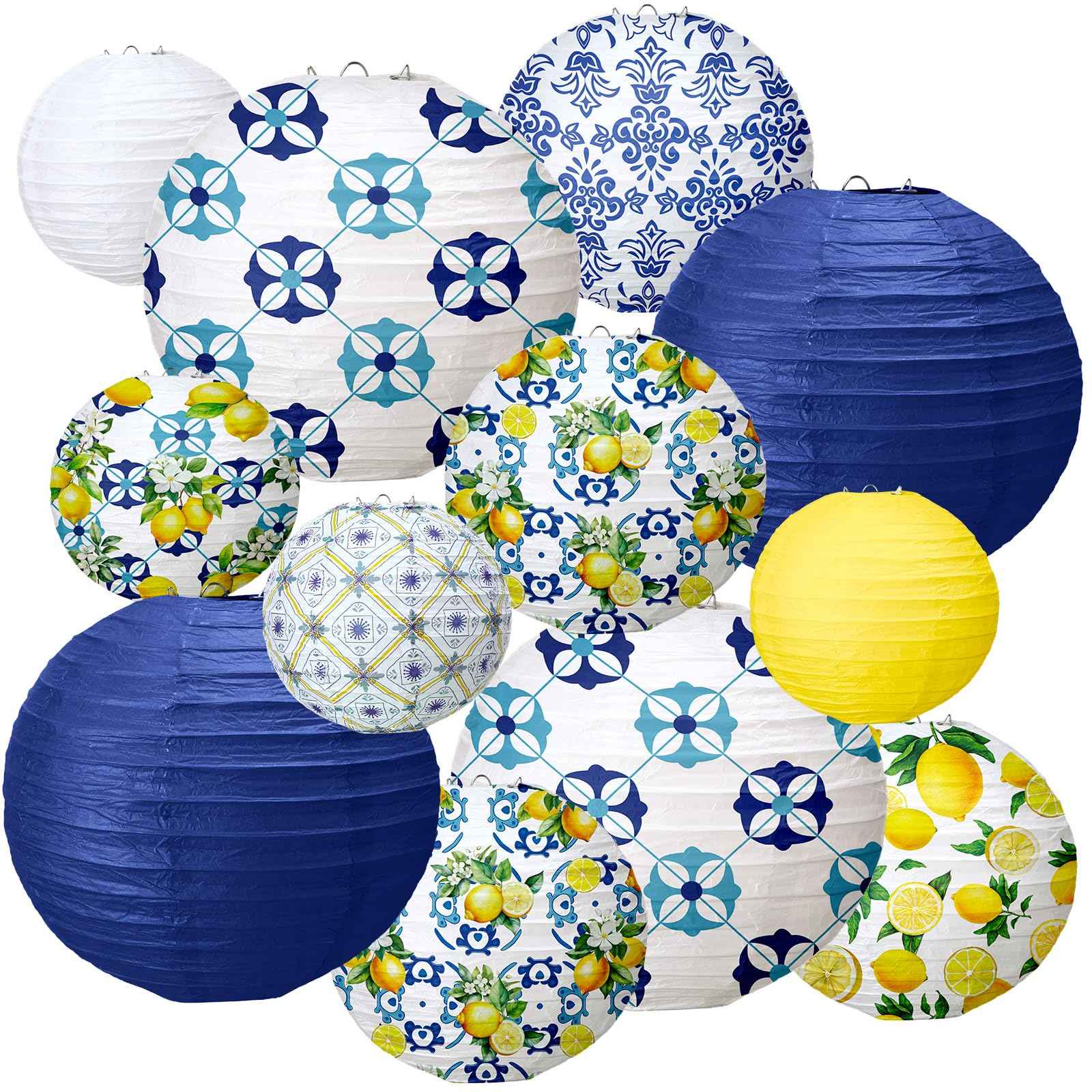 Rossesay 12 Pcs Paper Lantern Kit Amalfi Coast Capri Positano Lemon Party Supplies Summer Mediterranean Decorations Yellow Green White Lemon Pattern for Baby Shower Wedding Birthday Decorations