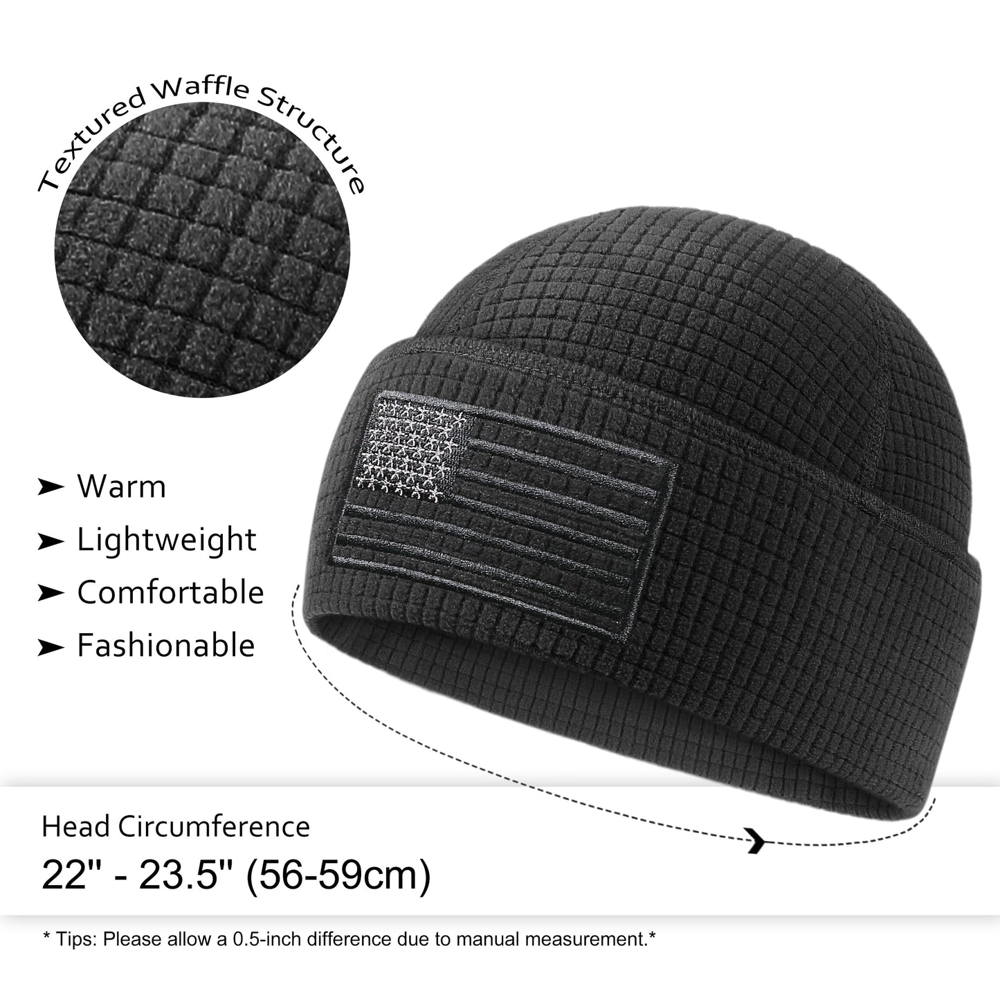 OUTDOOR SHAPING Grid Fleece Cuffed Beanie with American Flag Embroidery, Waffle Tactical Army Military Police Skull Cap Black
