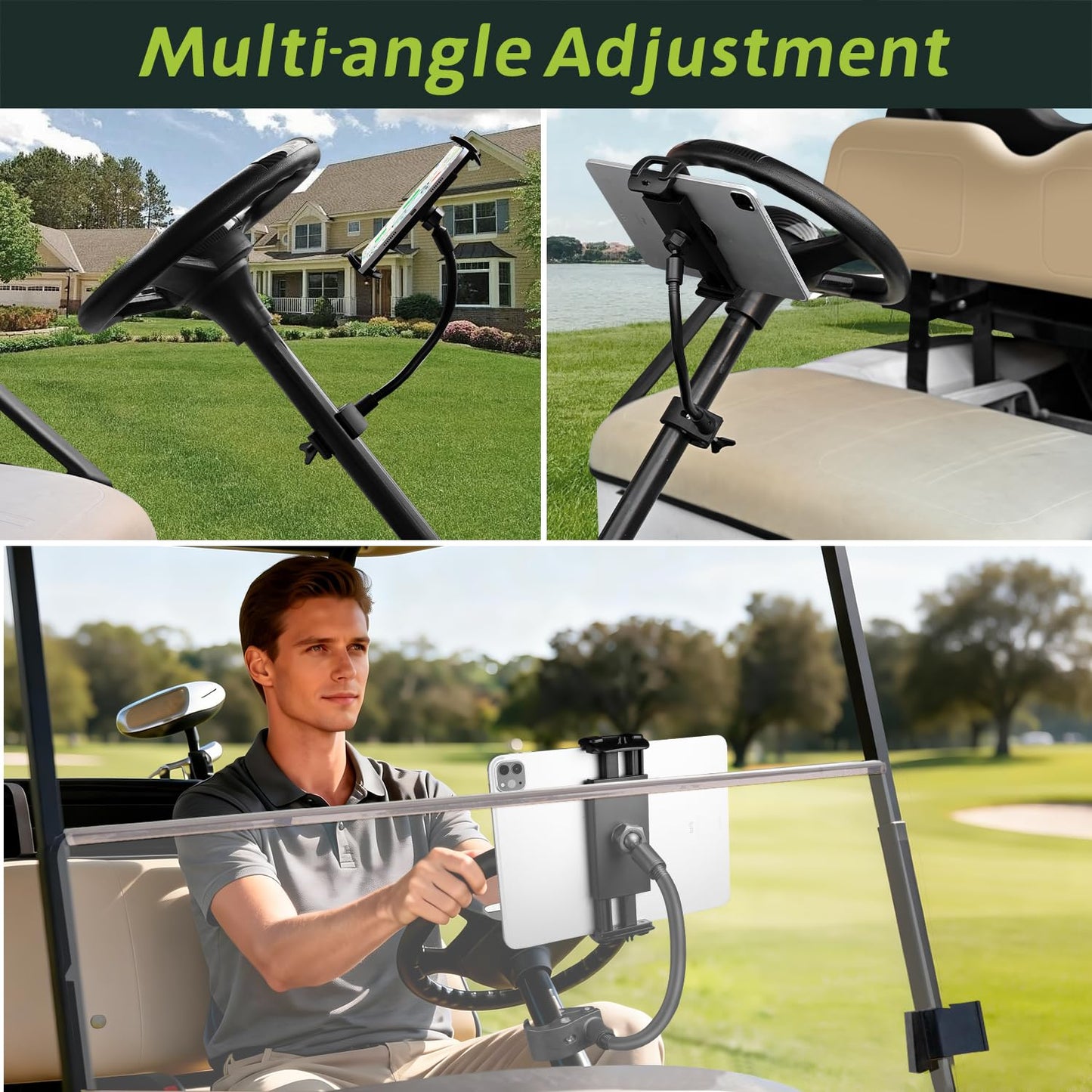 Urgown Golf Cart Tablet Phone Holder with Extended Arm, Steering Column-Mounted Tablet/Phone Mount, Length Adjustable/360° Rotatable, Universal Compatible with 4-13'' Devices, Round Clip