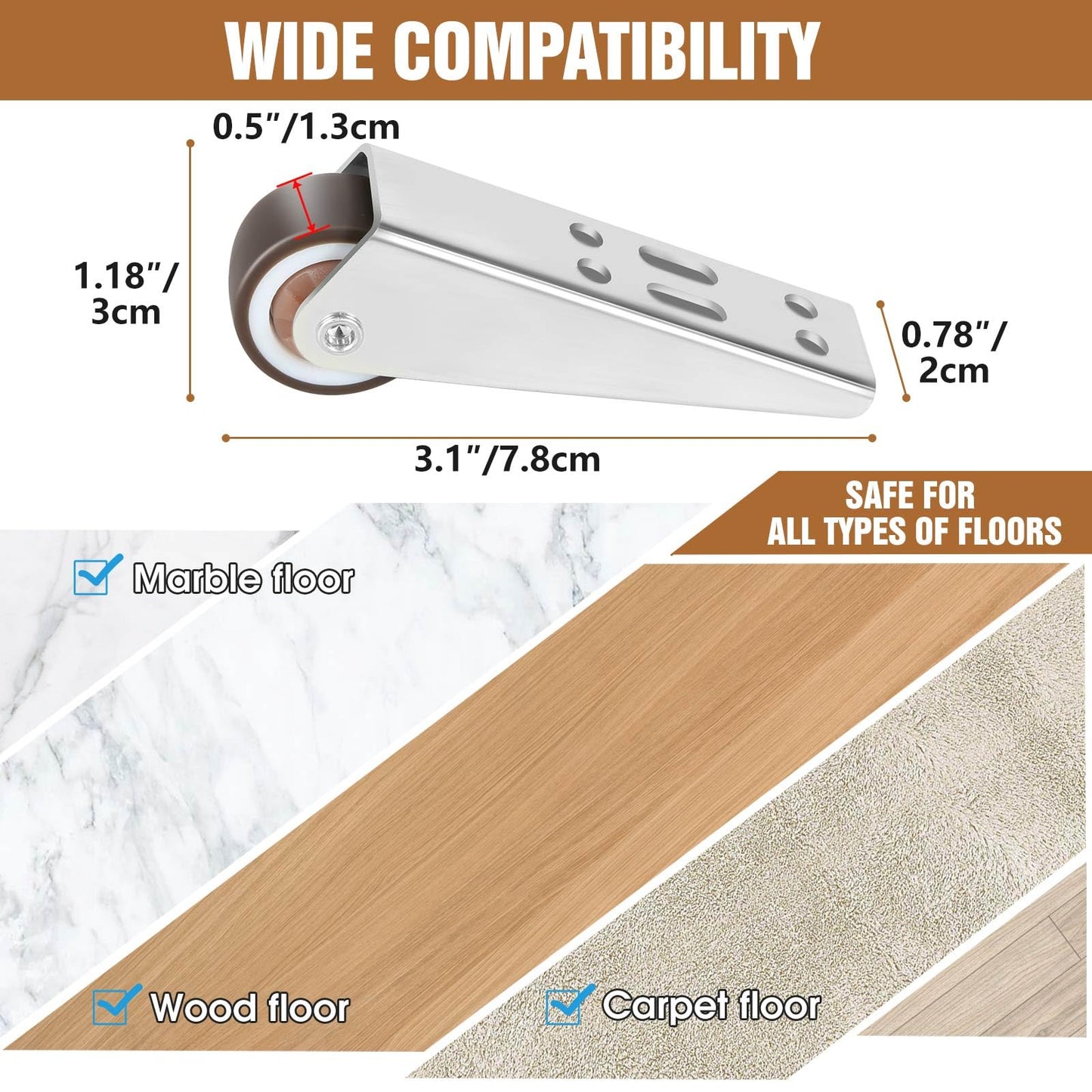 1-Inch Rubber Casters 4-Piece Set, Mini Long Frame Rigid Casters, Small Wheels for Furniture, Drawers, Doors, Bookcases, DIY (Load: 45 LBS/Piece), Mounted Vertically or Horizontally (4pc)