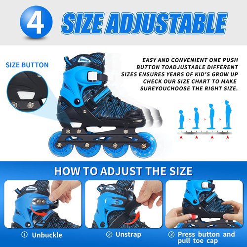 Inline Skates for Boys, Outdoor Adjustable Roller Skates for Kids Youth Beginners with Full Illuminating Safe Durable Blue Size 1 2 3 4