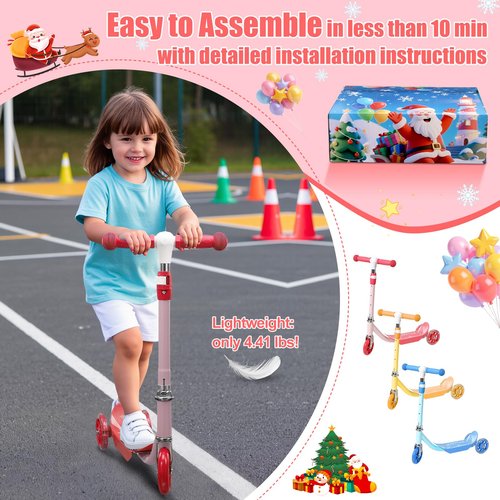Kick Scooters for Kids 3-5 5-7 Age - Flexible Steer,Height Adjustable,Light Up Three Wheels Toddler Scooter for Ages 3+ Year Old Boys & Girls, Indoor Outdoor Fun Gifts - Pink