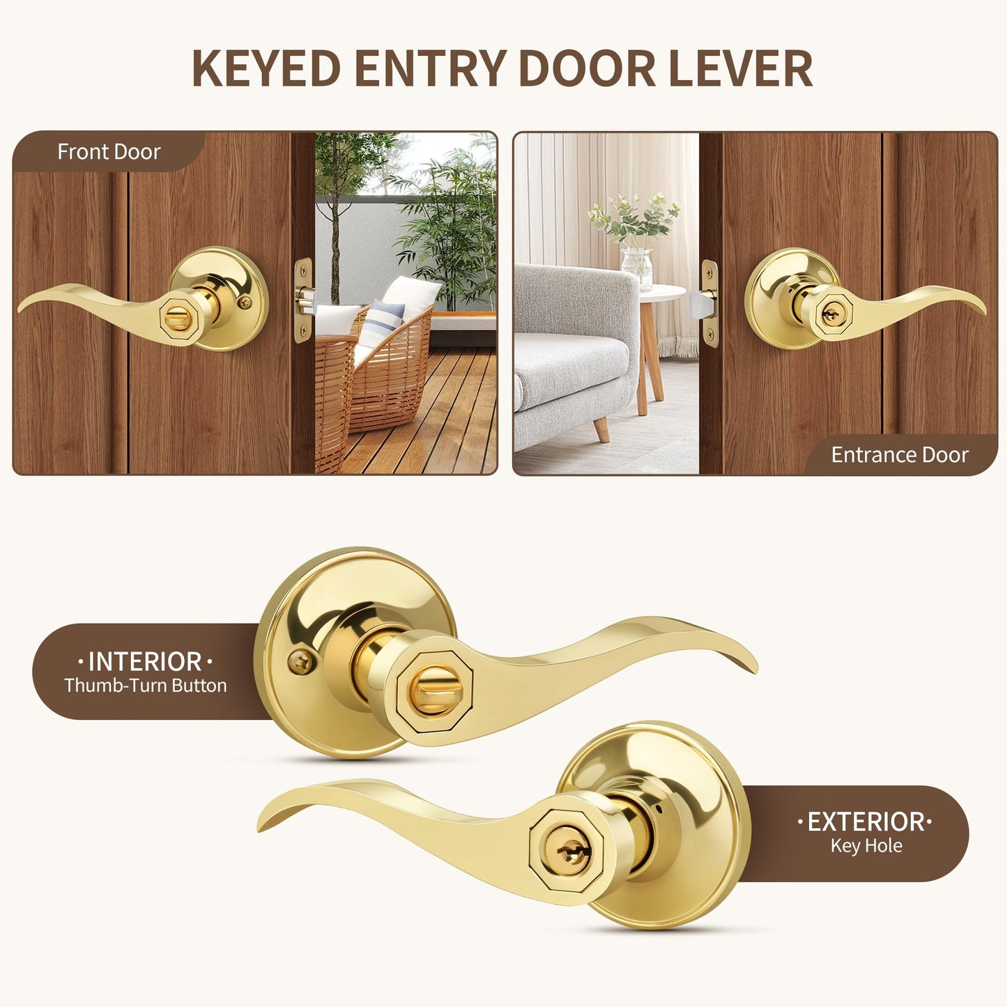 Moquin 5 Pack Wholesale Polished Brass Door Lever, Wave Design Keyed Entry Door Lever with Lock (Keyed-Not-Alike), Reversible Door Handle for Right/Left Side for Front/Entrance Door Lock