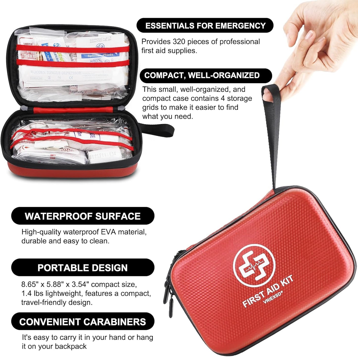VRIEXSD Premium First Aid Kit - 320-Piece Waterproof Hard Shell for Home, Travel & Outdoor Emergencies | Red