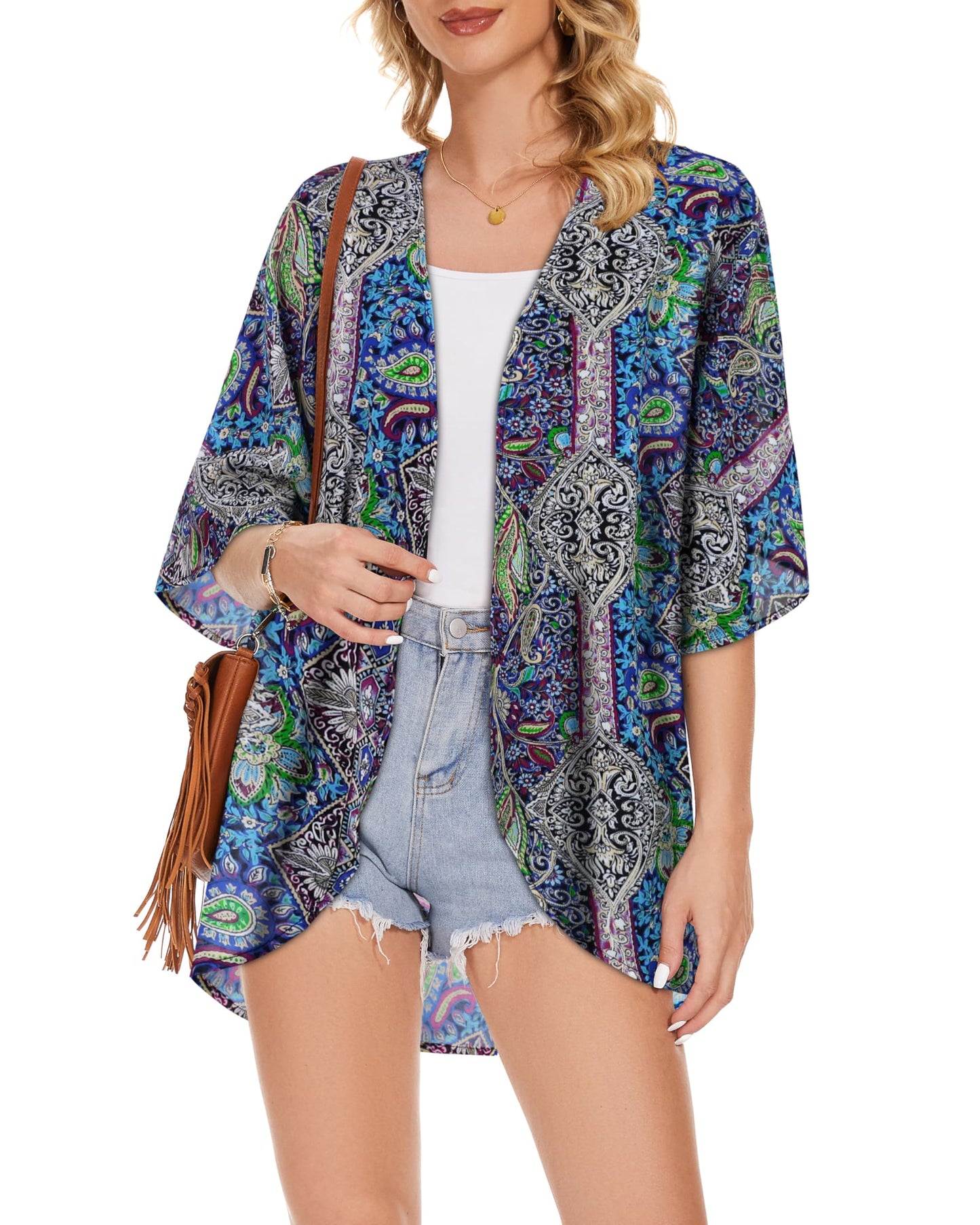 Women's Floral Kimono Print Puff Sleeve Loose Cardigan Cover Up Casual Blouse Tops (Blue Purple Bohemia Print, 2XL)