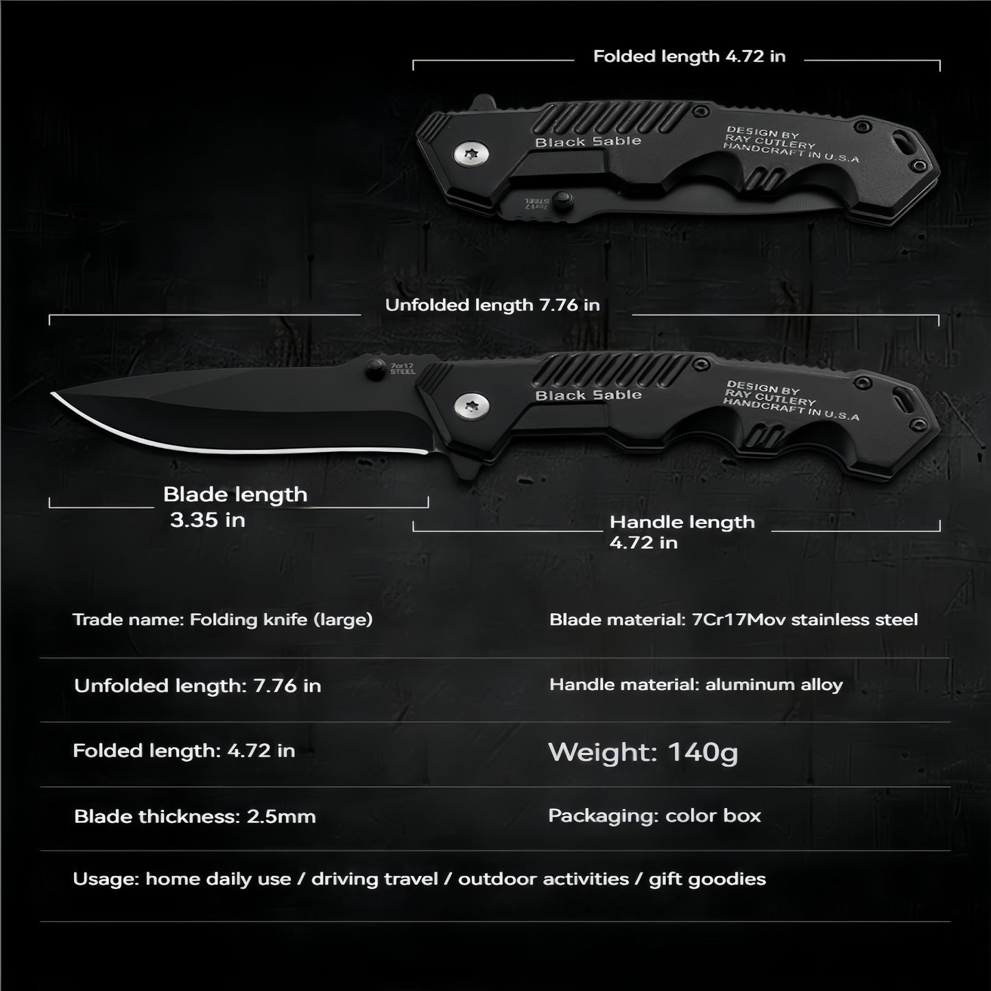 Pocket Folding Knife with Serrated Clip Blade, Pocket Knife for Outdoor Tactical Survival and EDC, Survival Knife Liner-Lock Belt Clip, Hunting, Camping, Outdoor, Unique Gifts for Friends （Black）