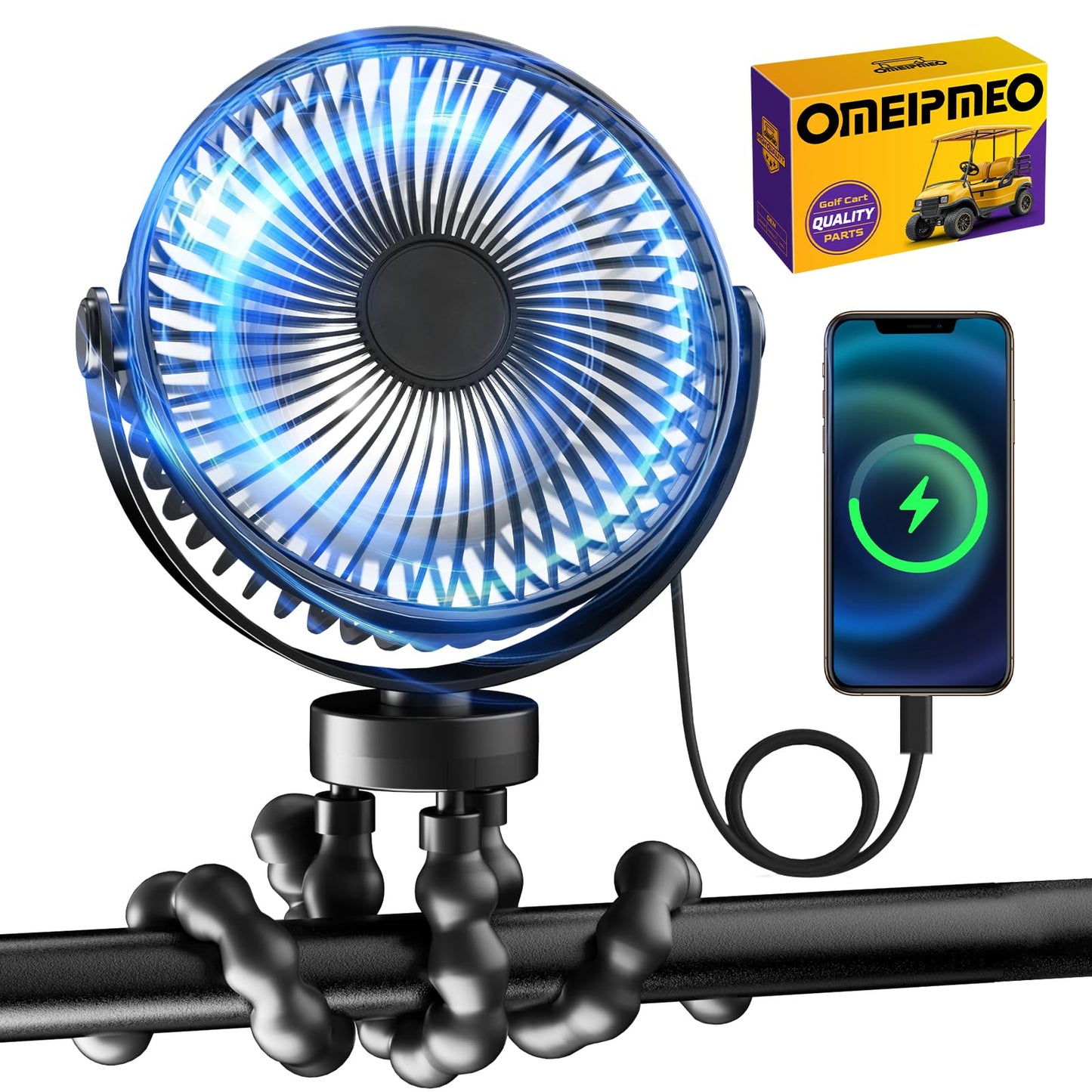 OMEIPMEO Rechargeable Golf Cart Fan, 12000mAh Stroller Fan, Adjustable 4 Speeds, LED Light, Power Bank, 360 Rotation, Portable Clip on Fan with Flexible Tripod for Club Car EZGO YAMAHA