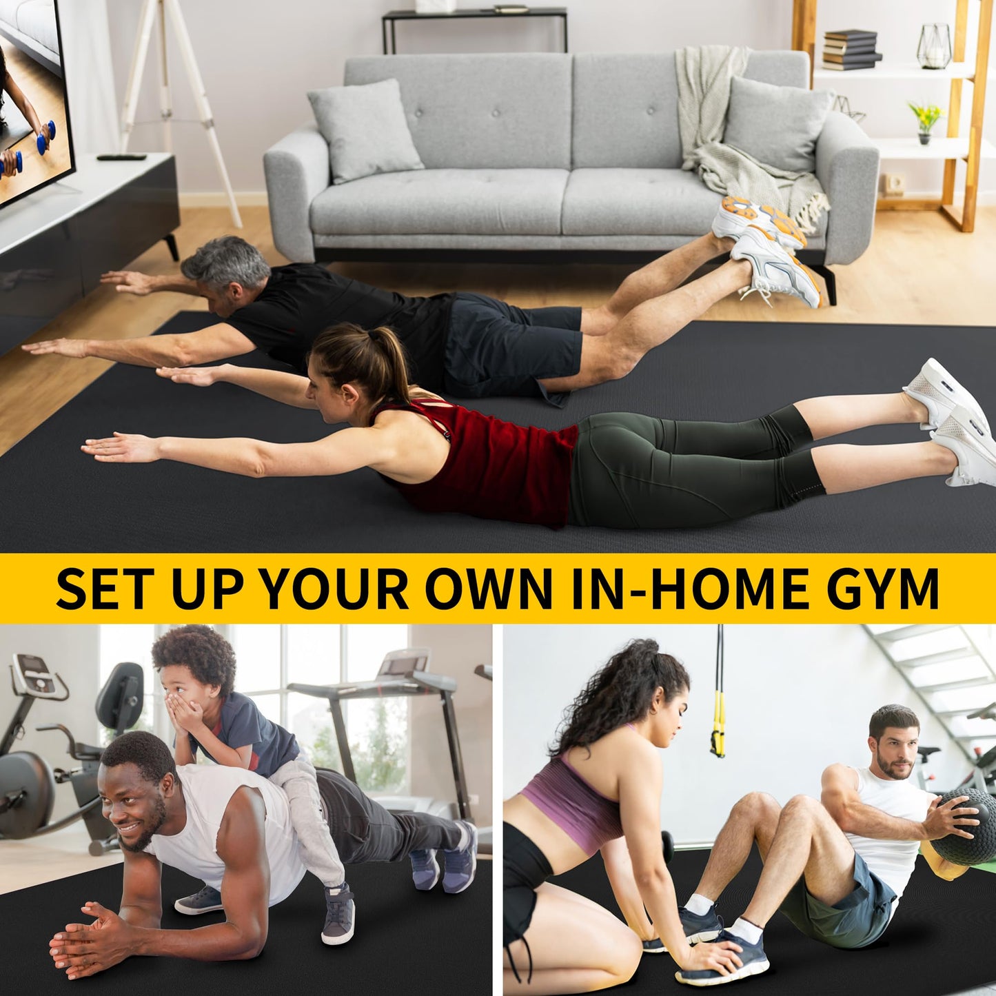 CAMBIVO Large Exercise Mat for Home Gym, 8'x6'/7'x5'/6'x4' (7mm) High-Density PVC Extra Thick Workout Mat, Non-Slip Shoe-Friendly Gym Flooring Mat for Jump Rope, Weights, Cardio, Garage & Home Workout (Ink Black)