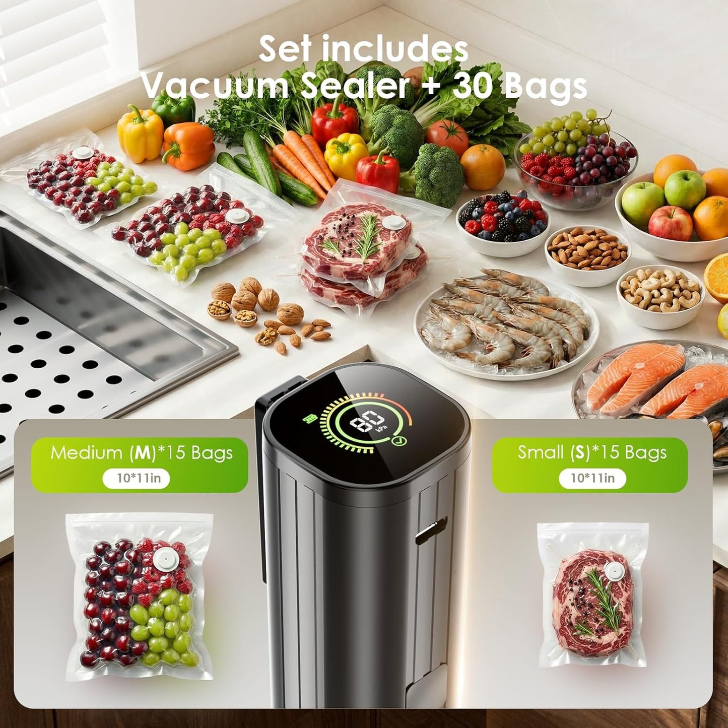 Skiennix Portable Vacuum Sealer - Handheld Food Sealer with 30 Reusable Bags & LED Display