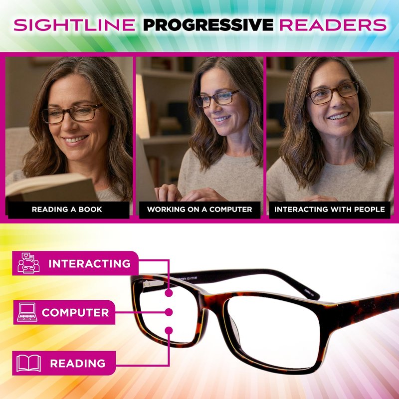 Sightline H101 Progressive Reading Glasses – Comfortable No-Line Multifocal Readers for Men & Women, Acetate Frame – Tortoise, 2.00 Magnification