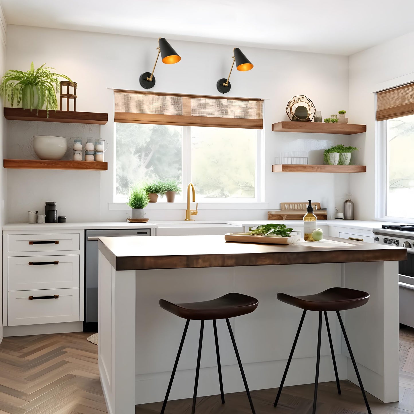 KSANA Swing Arm Wall Lamp, Black and Gold Plug in or Hardwired Wall Sconces, Modern Adjustable Arm Light Fixture with On/Off Switch for Bedroom, Kitchen, Hallway and Living Room