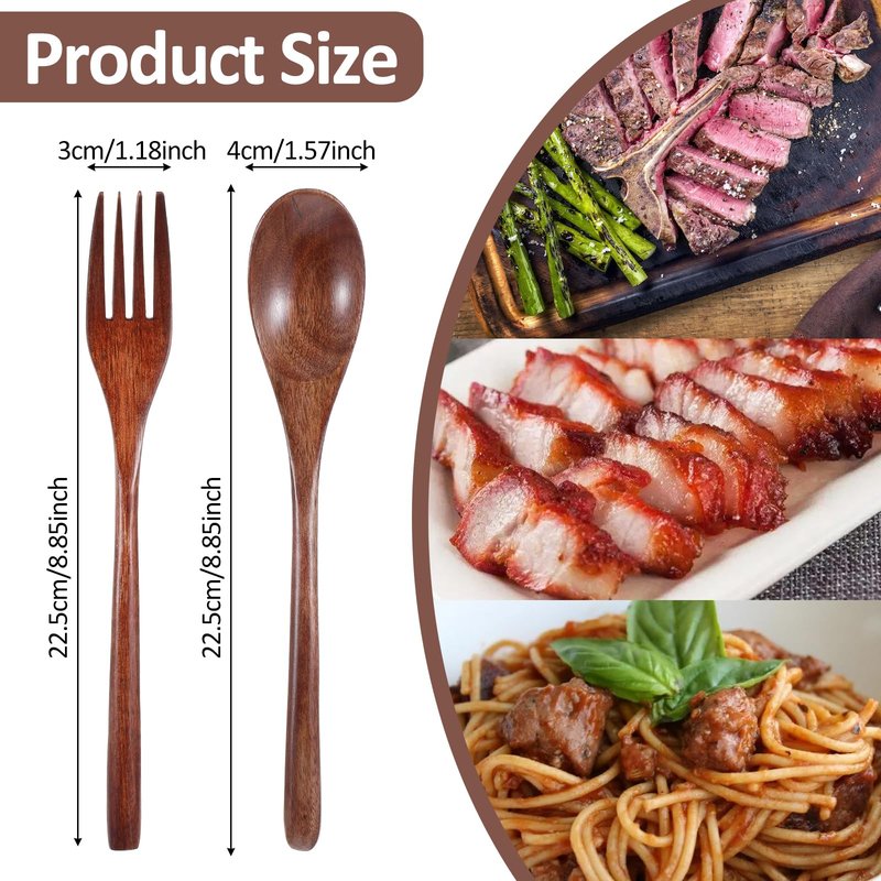 cobee Wooden Spoon and Fork for Eating,8Pcs Wood Dinner Utensil Set Handmade Reusable Kitchen Wooden Flatware Tableware Cutlery Set for Stirring Cooking Camping Party 9 Inch