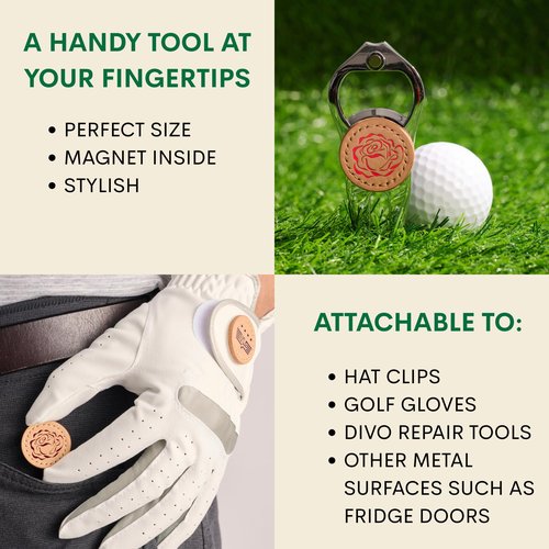 Kumi Living Handmade Golf Ball Markers for Men and Women Foil Debossed with Vegetable Tanned Genuine Leather Valentine's Day Gift for Golf Lover Set of 2, Hat Clips Included, Magnetic (Rose and Rose)