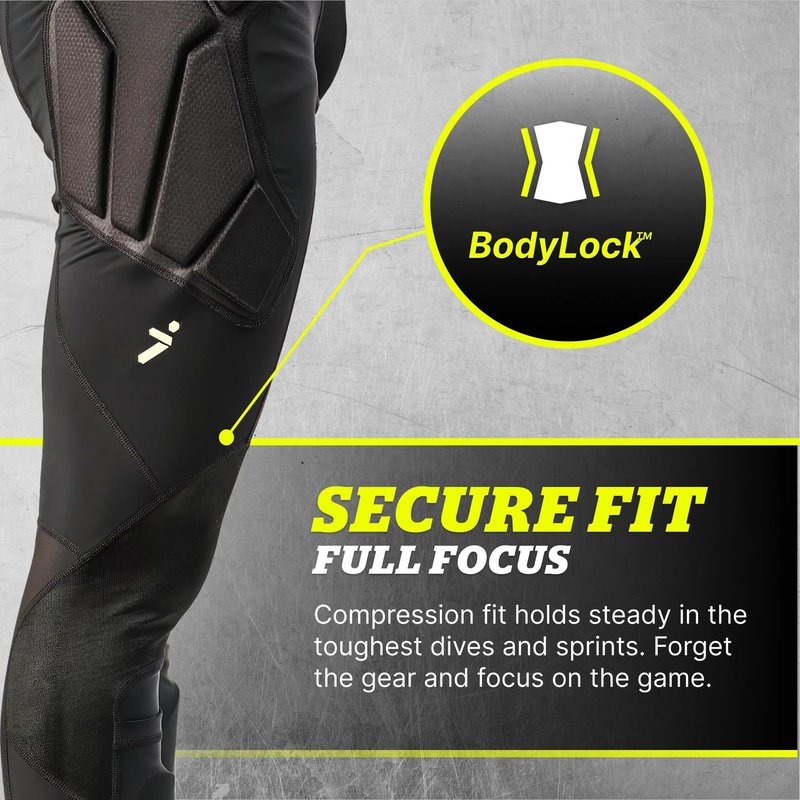 Storelli BodyShield GK Goalkeeper Leggings – Full-Length Impact Protection with SABR-Tex Knees, Hip & Thigh Padding – Turf-Ready Compression Pants with Shin Guard Pockets, Black, Medium