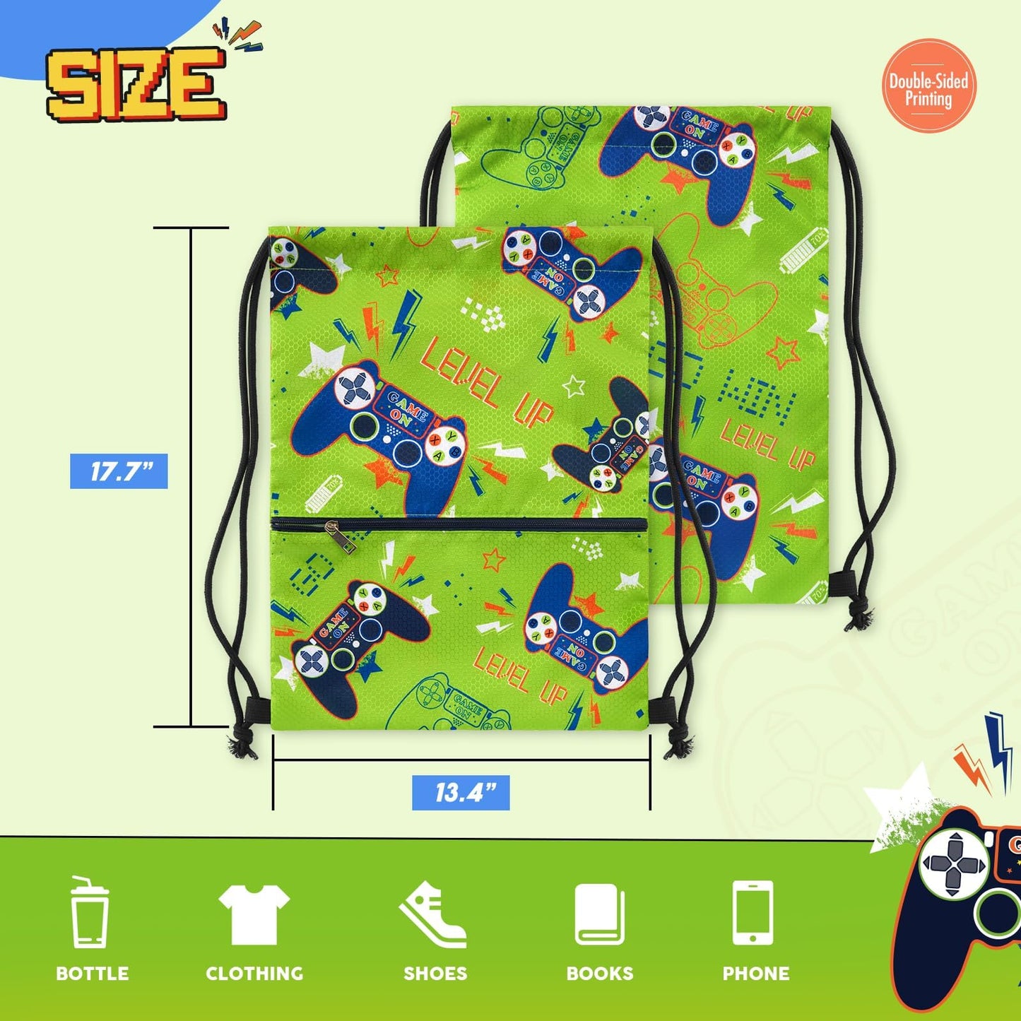 WAWSAM Game Kids Drawstring Backpack Waterproof, Gym Swim Bag Cinch Bag for Boys Kids Waterproof Beach Bag Draw String Bags, Back to School Birthday Gift with Zippered Pocket