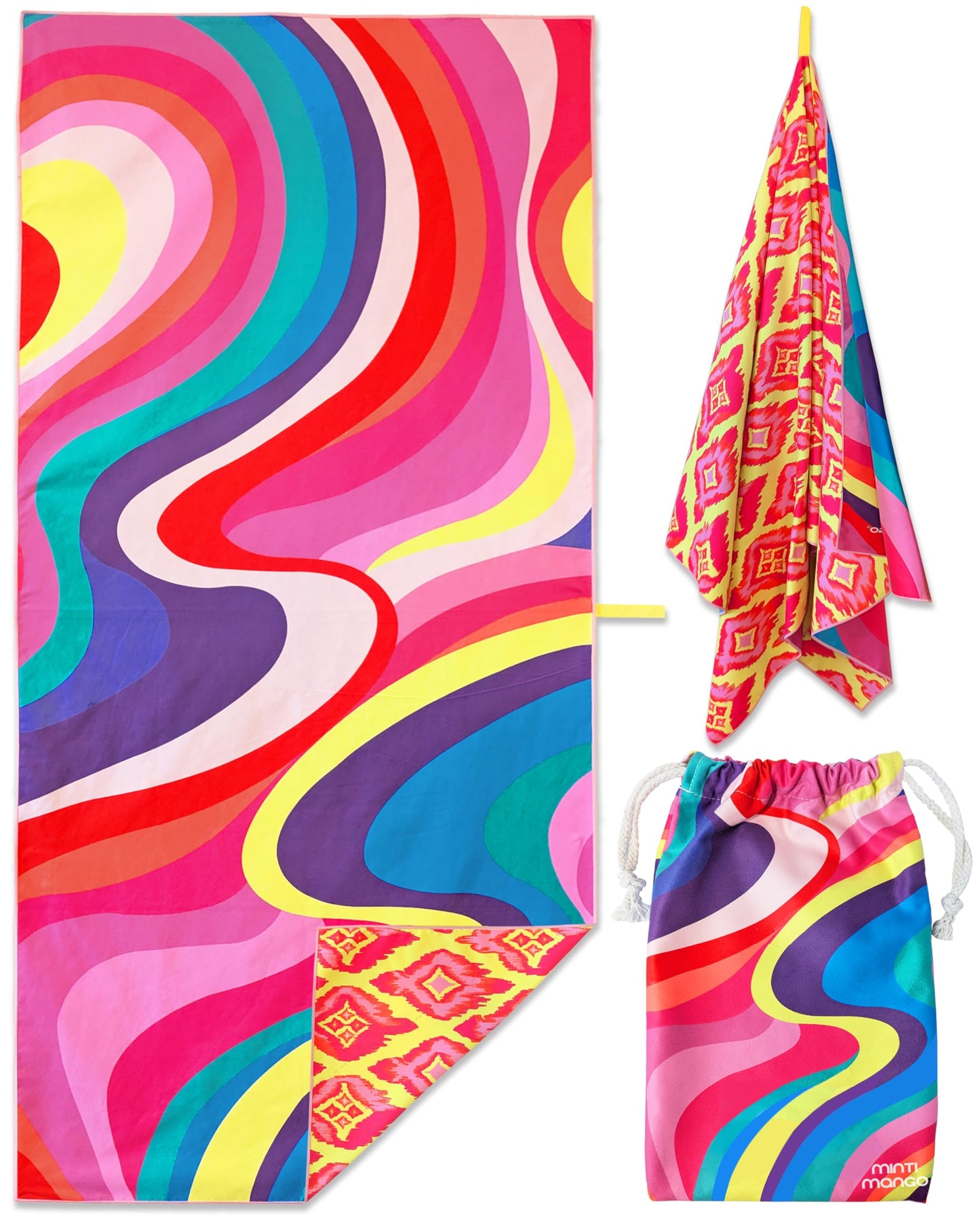 MintiMango Thin Microfiber Beach Towel Oversized 71X32 Lightweight, Quick Dry, Sand Free, High Absorbent, Compact, Pool, Gym, Camping, Cruise, Travel Towel, Beach Blanket, Carry Bag, Pink, Geometric