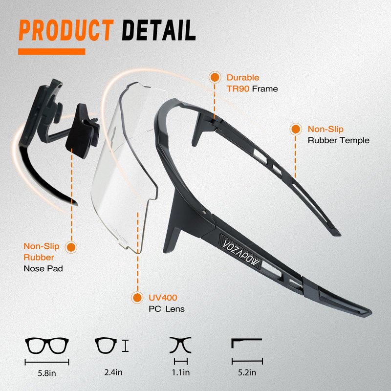 VOZAPOW Photochromic Sports Sunglasses XL for Men Women, TR90 Frame Cycling Glasses for Baseball, Running, Hiking