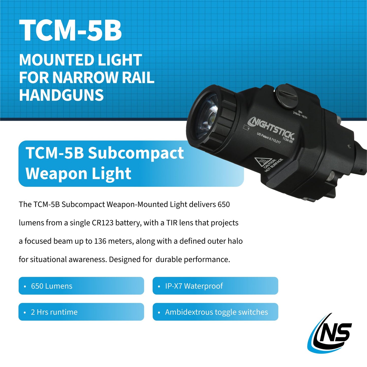 Nightstick TCM-5B Subcompact Handgun Light, Short/Narrow Rail Models - 1 CR123 - Black