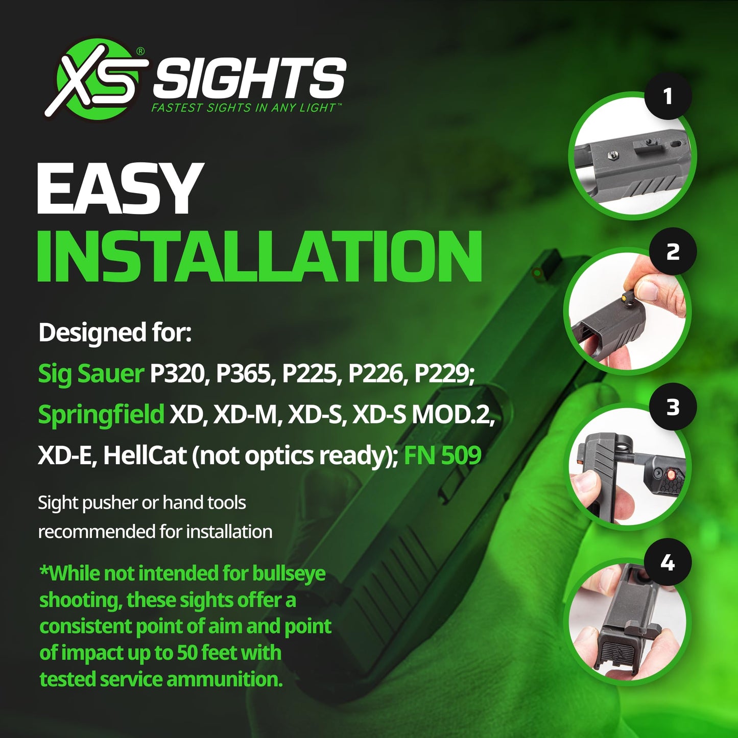 XS Sights F8 Night Sight for Pistols, Fast Acquisition, Wide U-Notch Rear Sight, High Visibility, Easy Alignment, Fits Sig P320, P365, P225, P226, P229, Springfield Hellcat (Not OSP),XD, XDM & XDS