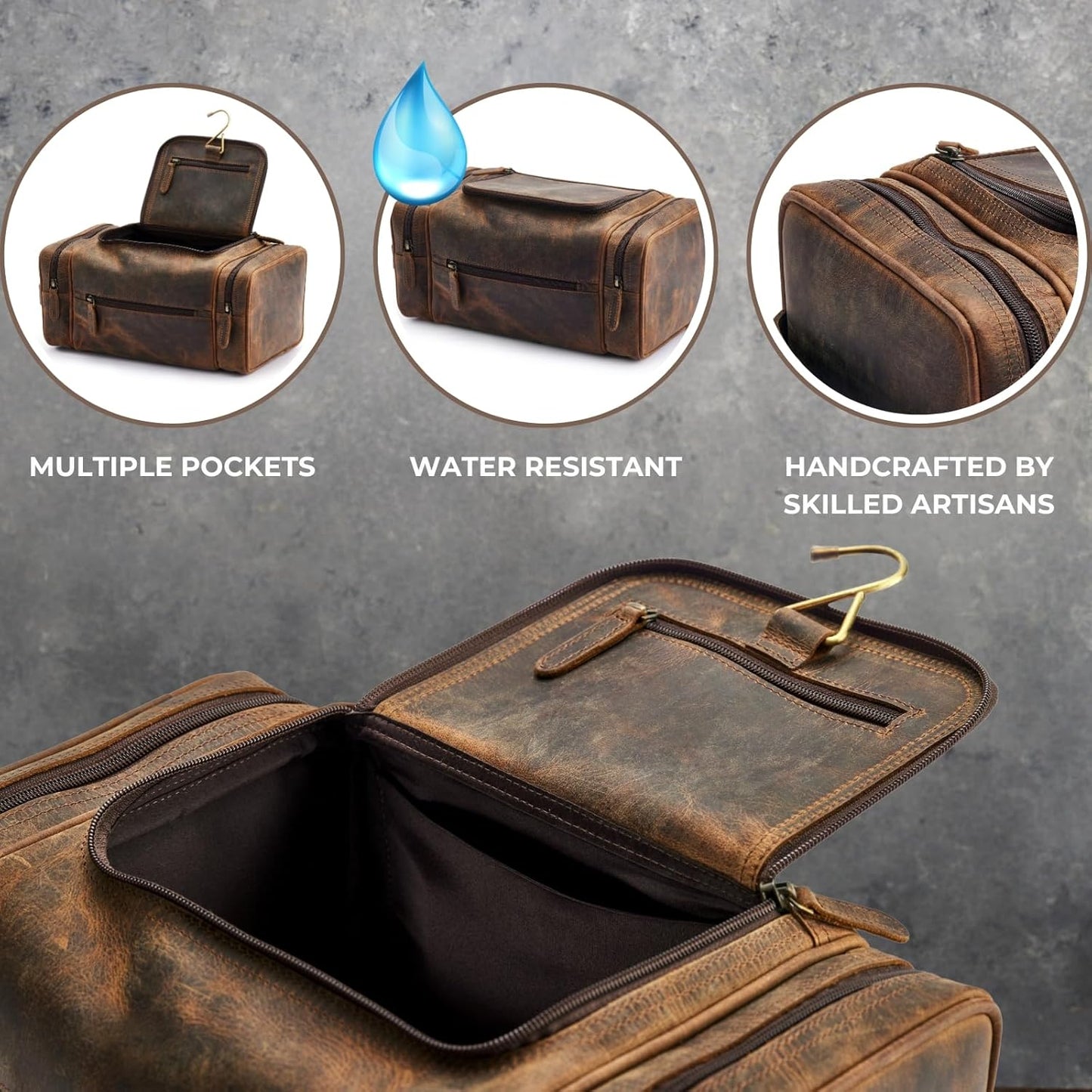 NomadCraftsCo. Extra Large Leather Toiletry Bag - Premium Travel Dopp Kit for Men, Stylish Organizer