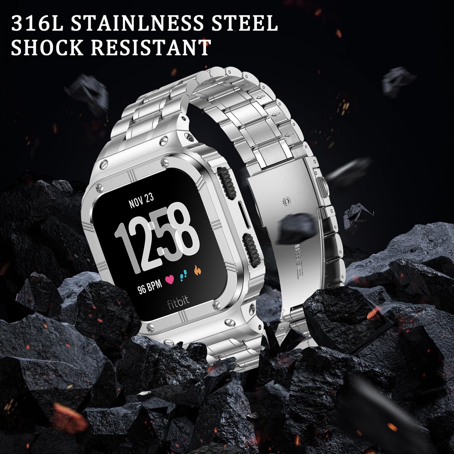 BAITEYOU Stainless Steel Watch Band with Case Compatible for Fitbit Versa 4 3 2 1 Lite,Fitbit Sense 2/Sense Bands, Rugged Protective Bumper Metal Wristbands for Men Silver