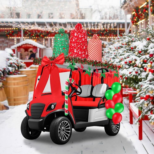 Soulchen 71 Pcs Christmas Golf Cart Decorations Xmas Gift Themed Decor Kit Jumbo Plastic Christmas Drawstring Gift Bags Balloons Tinsel Garlands Glitter Elk Banner Giant Bow for Golf Cart Supplies