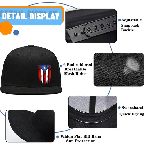 Snapback Hats for Men Women Flat Bill Hats Mens Puerto Rico Flag Hat Black Fitted Baseball Hat for Men Adjustable Hip Hop Cool Trucker Caps Workout Dad Patriotic Skateboard Accessories Gifts