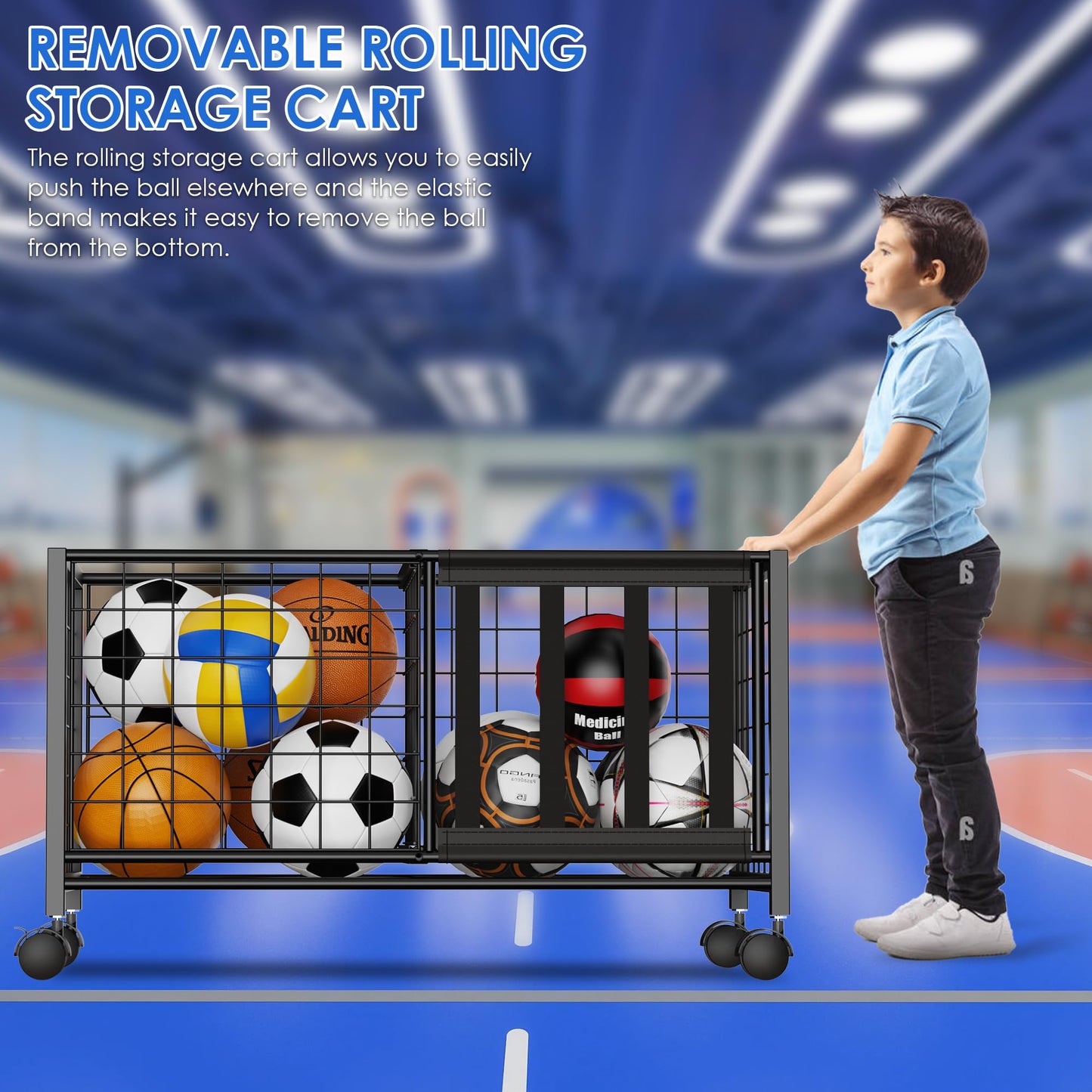 FULOOPHI Garage Ball Storage, 2 in 1 Sports Equipment Organizer, Garage Organizer with Basket and Hooks, Individually Movable Rolling Sports Ball Organizer Cart, Black