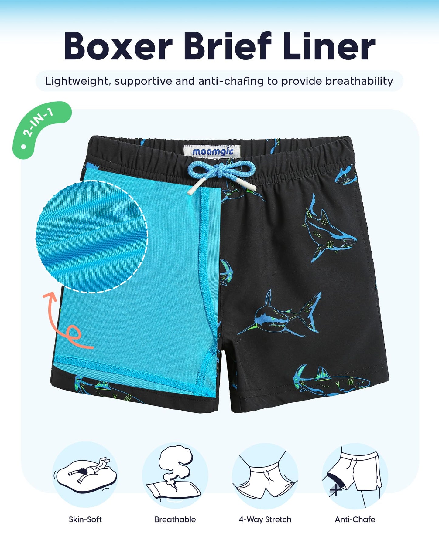 maamgic Boys Swim Trunks with Compression Liner Toddler Stretch Swim Shorts Quick Dry Swimming Trunks Boxer Brief 2 in 1 Beach Shorts Black Shark 14/16