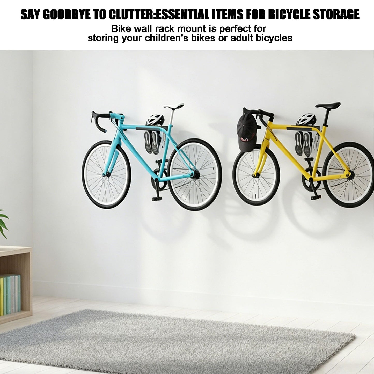 KOQEIEY Bike Wall Mount - Horizontal Indoor Bike Rack for Garage Storage - with Holds a Helmet and Shoes - Space Saving Wall Bike Hanger Mount for Road, Mountain and Hybrid Bikes in Garage