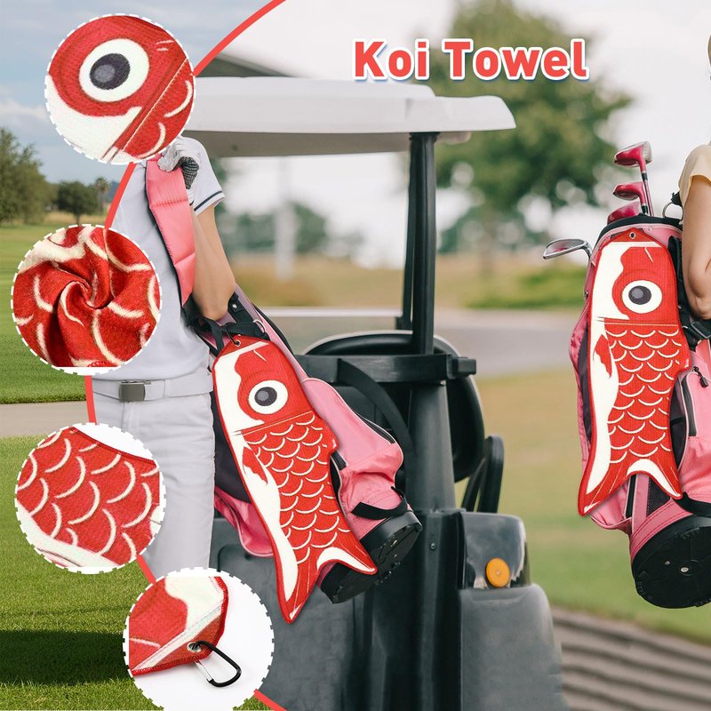 Mindsoft Microfiber Golf Towel Koi Fish Golf Towel with Carabiner Clip Cleaning Cloth & Clubs Koi Pattern Golfs Accessories and Gifts for Men Women(Red)