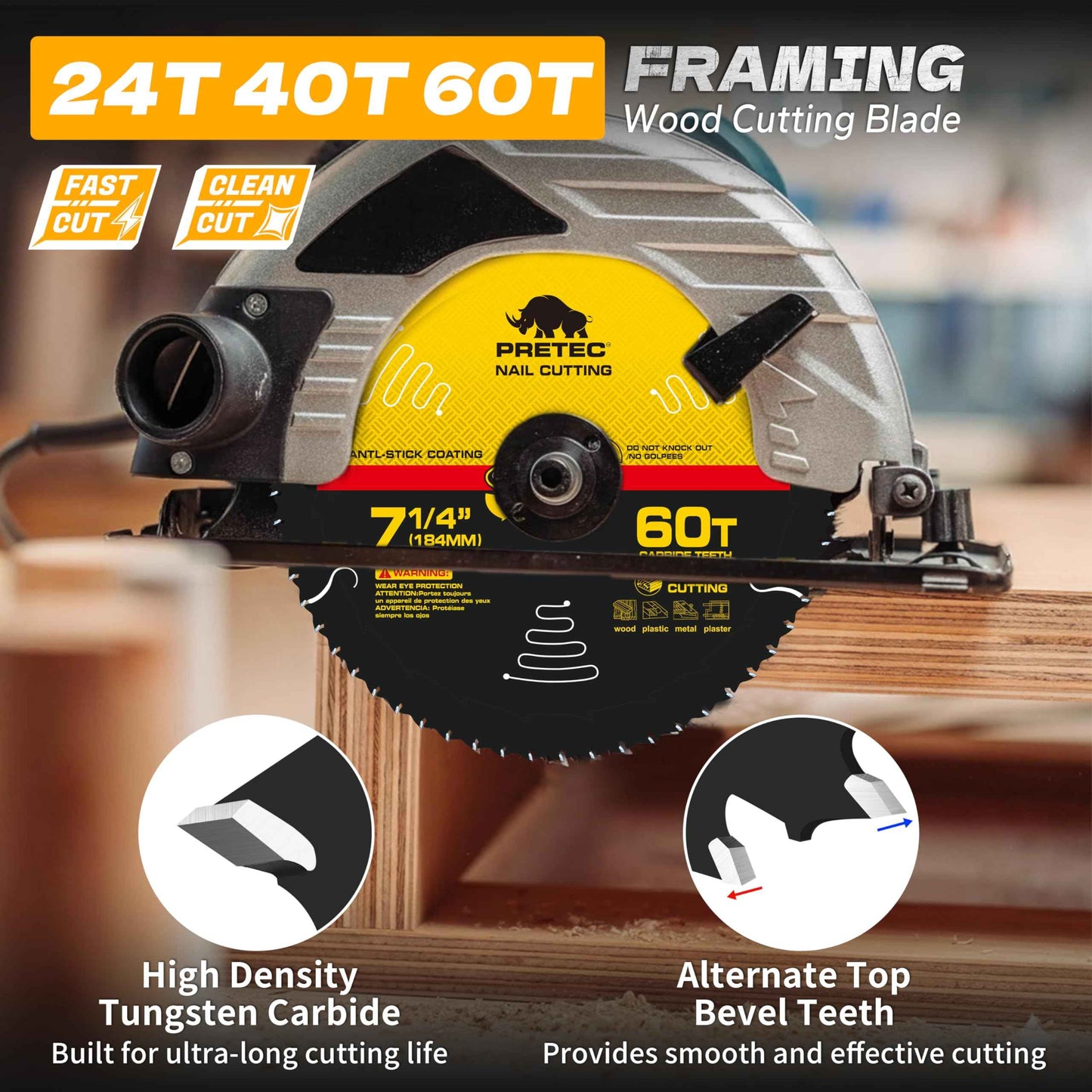 7 1/4“ Circular Saw Blade, 24T&40T&60T ATB Circular Saw Blade Fine Finish, 5/8" Arbor, TCT, Anti-Vibration, Teflon Anti-Stick, Miter Saws Blades for Wood, MDF, OSB, Laminated, Plywood (3Pack)