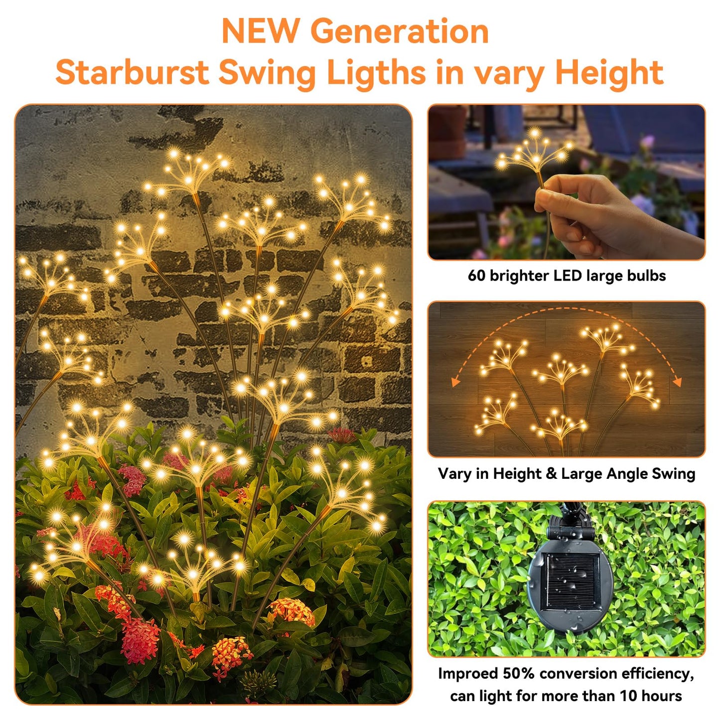 JJGoo Solar Garden Lights, New Upgraded 2 Pack Solar Swaying Starburst Light, Waterproof Fireworks Outdoor Lights, Yard Patio Pathway Decoration, Warm White