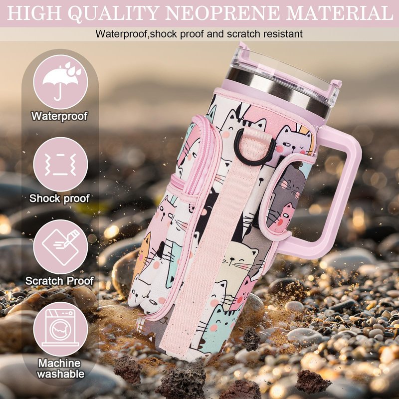Water Bottle Holder Carrier Bag with Large Phone Pocket,Neoprene Water Bottle Carrier with Strap for Stanley 40 OZ Tumbler, Wrap Around Drink Purse Cup Holder with Straw Cover Accessories