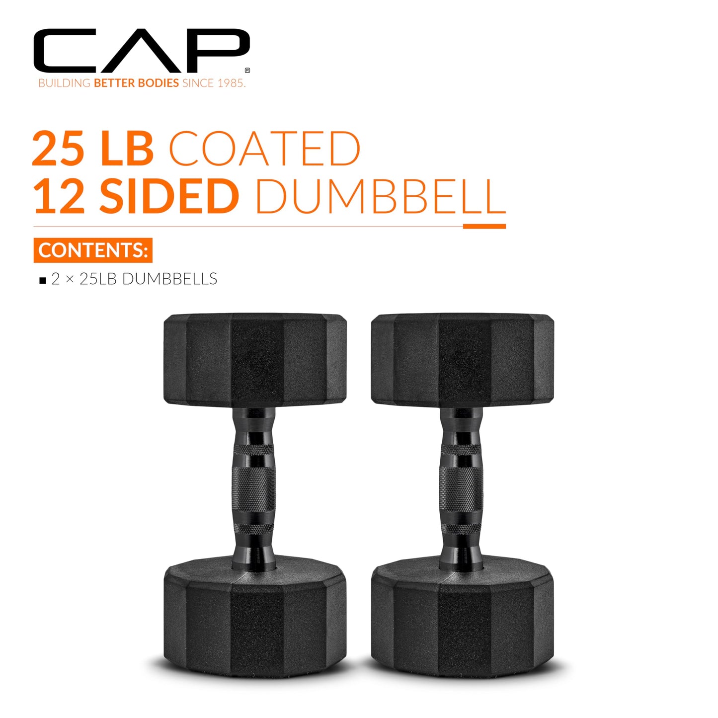 CAP 25 LB 12-Sided Rubber Coated Dumbbell Weight, Rubber Free Weights for Home Gym Strength Training, Black Oxide Handle, Pair