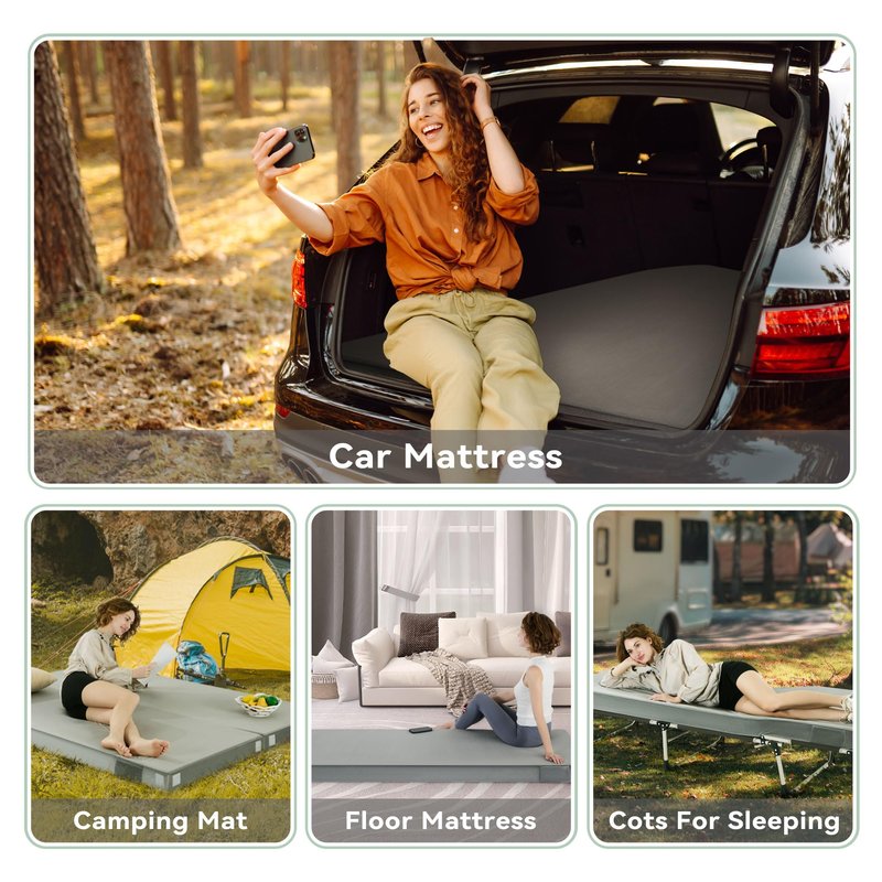Sinweek 3 Inch Memory Foam Camping Mattress, Waterproof Roll Up Floor Sleeping Mat, Portable Camp Cot Mattress Pad, Camping Bed Pads for Sleepover, Car Bed with Travel Bag, Single