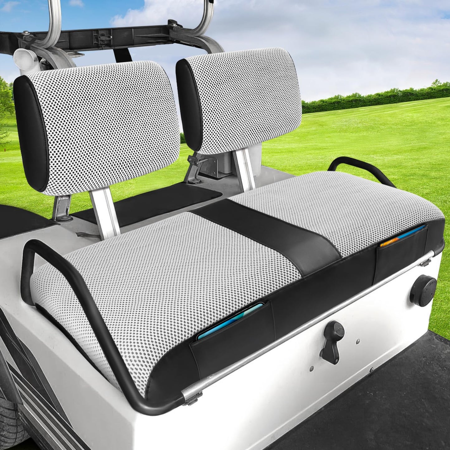 Club Car DS Pre-2000 Seat Cover, Golf Cart Seat Covers for Club Car DS 1982-2000 OEM Ordinary Seat, Breathable Polyester Mesh Cloth and Leather Combination Appearance, No Need Detaching Armrests