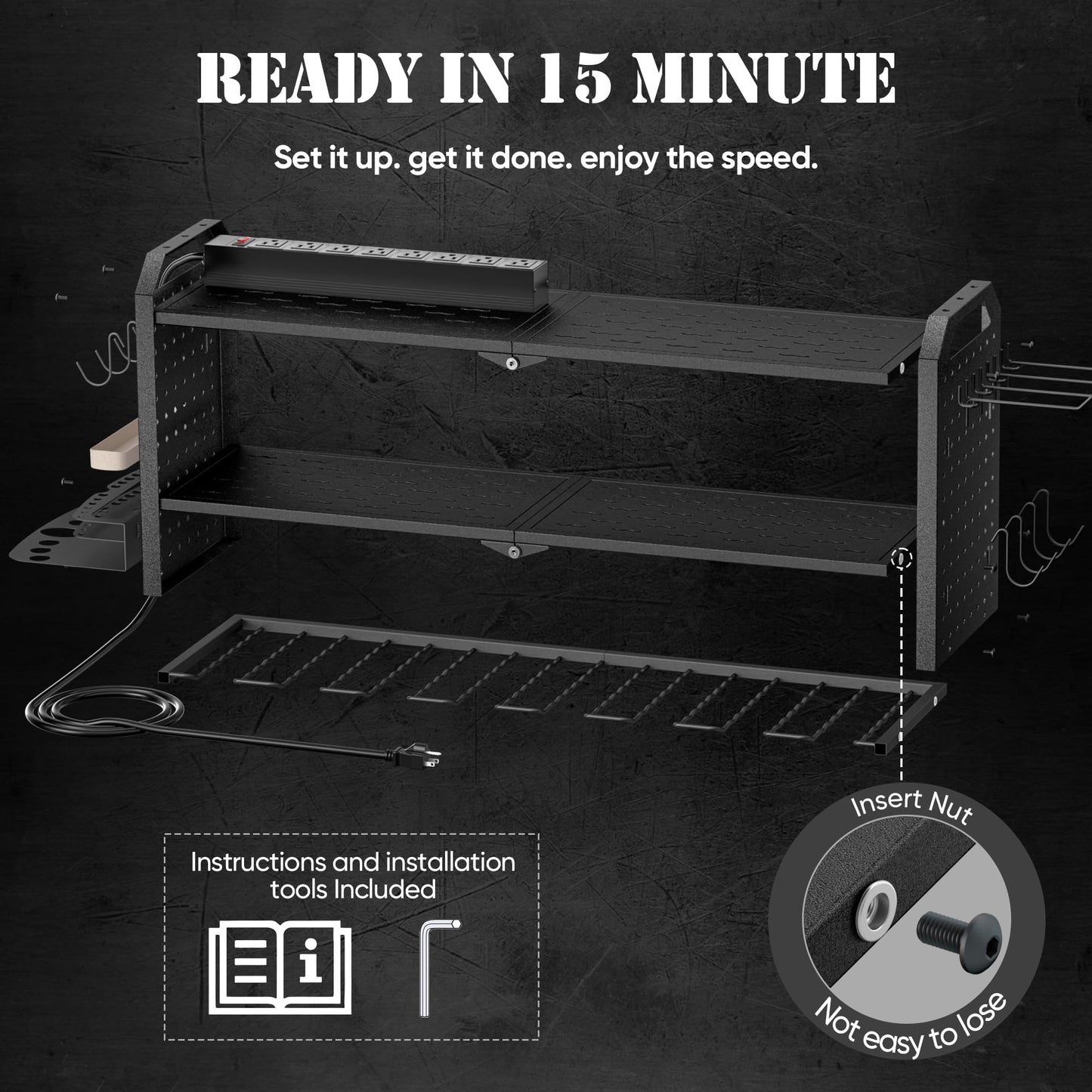 Power Tool Organizer with Charging Station Wall Mount, Built in 8 Outlet Surge Protection Power Strip, Drill Holder Wall Mount, Heavy Duty Metal Power Tool Storage Rack for Garage Organization Black