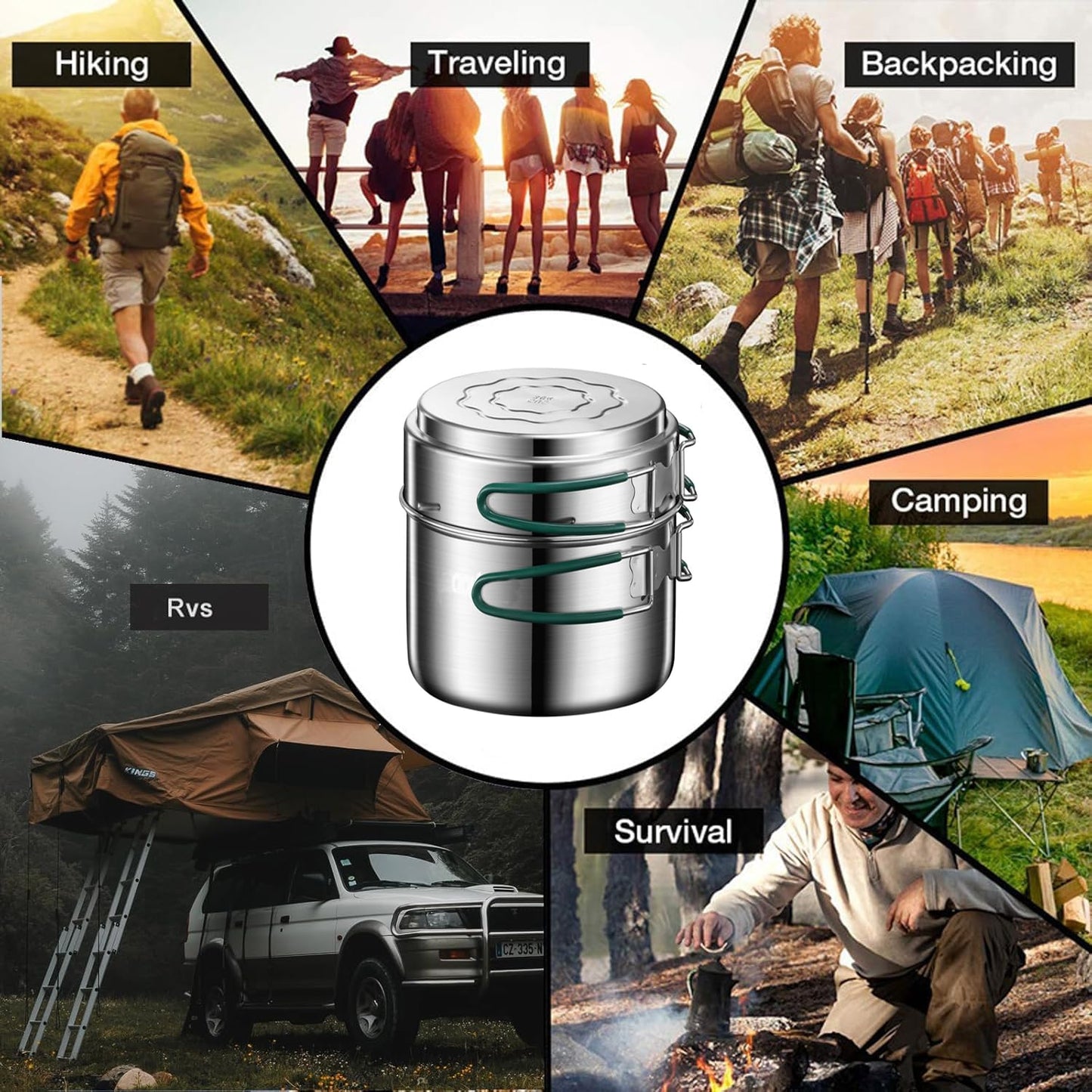Camping Cookware Mess Kit, Stainless Steel Camping Cooking Set, Backpacking Cooking Set Backpacking Gear with Mini Stove for Camping,Backpacking,Picnic, Hiking