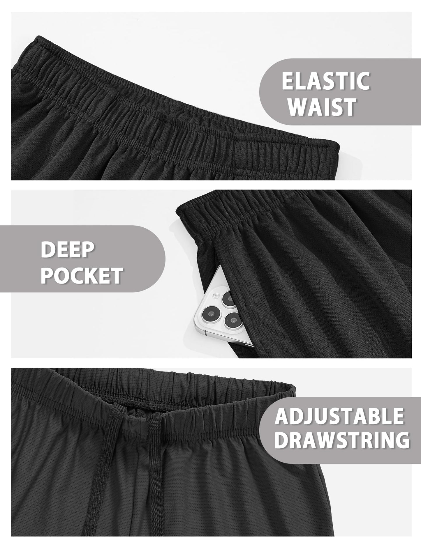 Somaibo Boys Athletic Shorts Youth Quick Dry Soccer Basketball Running Gym Performance Mesh Sports Shorts for Kids 11-12 Years Black