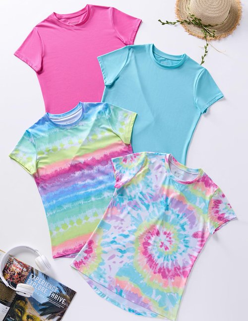 4 Pack: Youth Girls Athletic Shirts, Short Sleeve Dry Fit Apparel Tech Tshirts, Sports Activewear for Kids Teens (Set 6, Youth Small)