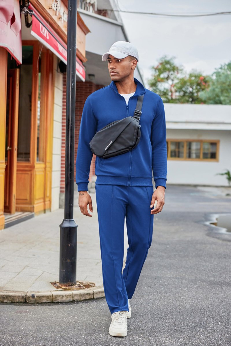 COOFANDY Blue Sweatsuit Mens Athletic Track Suits 2 Piece Set Plus Size Track Suit Long Sleeve Running Fashion Set