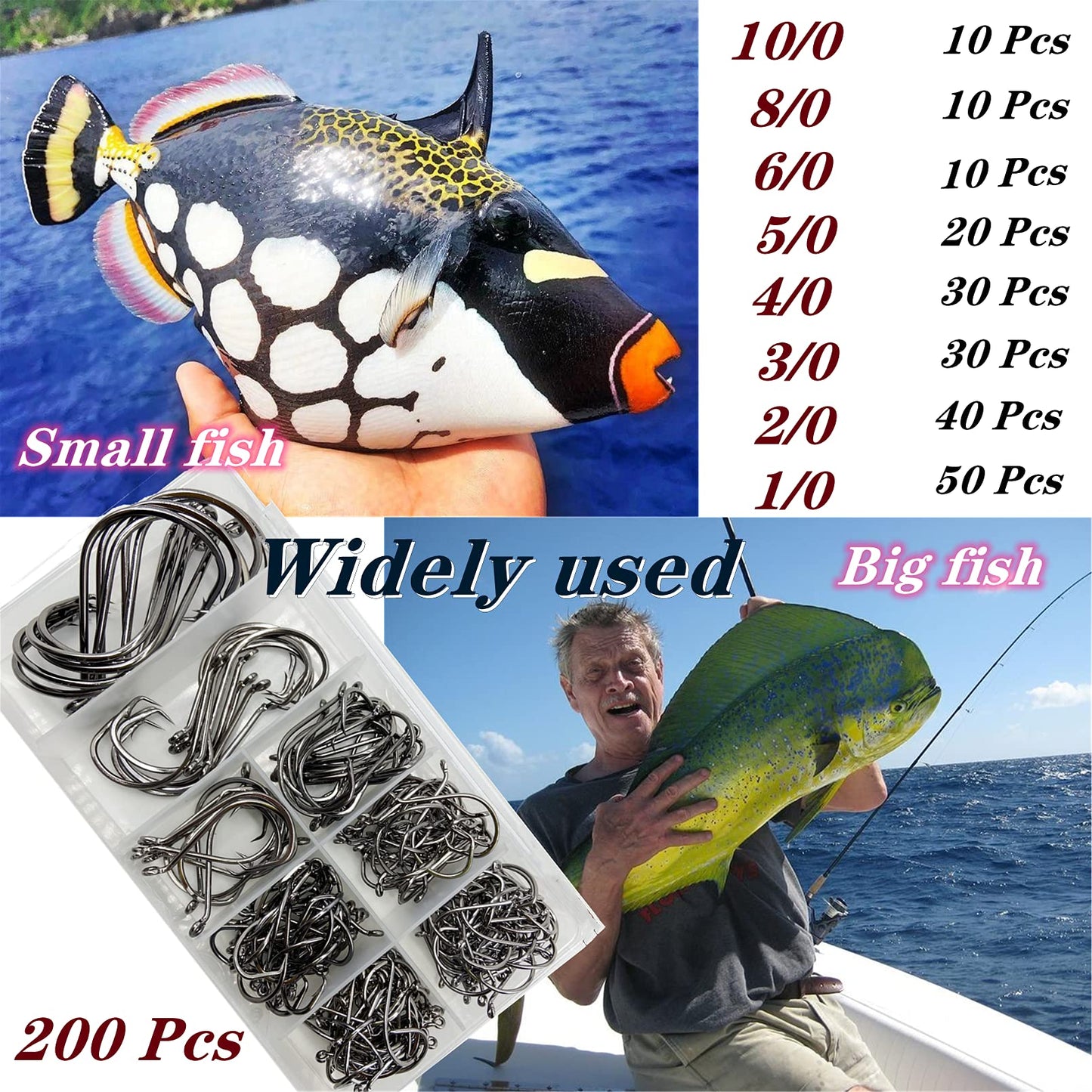 DAMIDEL 200Pcs/Box（Size:10/0... to...1/0 Strong Octopus Fishing Hooks, Forged Steel/Barded Design, Off-Set Point/Closed Eye, Strong/Sturdy, 10/0 8/0 6/0 5/0 4/0 3/0 2/0 1/0 Mixed Packaging