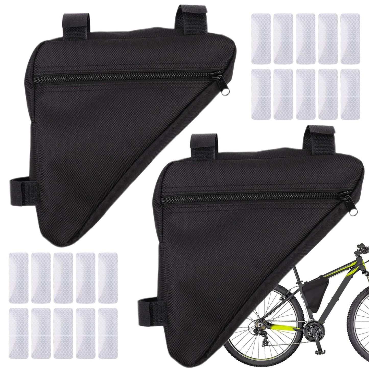 GUSDYIT 2Pcs Bike Frame Bag with 20Pcs Reflective Stickers, Triangle Small Bicycle Storage Pack Cycling for Road Mountain