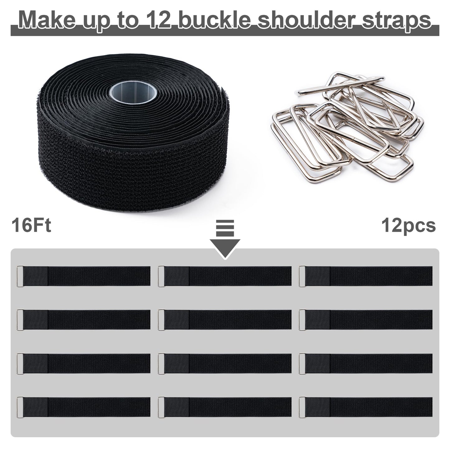 2" x16Ft Hook and Loop Straps with 12 Metal Buckles, Adjustable Fastening Cable Straps, Free Cut Length, Reusable Nylon Cable Ties for Organizer or Storage, 2 inch Wide Black