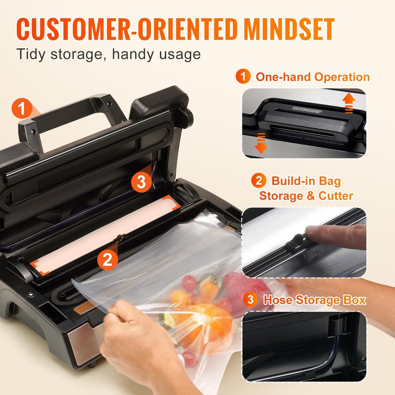 VEVOR Vacuum Sealer Machine, 80Kpa 120W Powerful Compact Food Sealer, 7-in-1 Multi-Functional Food Vacuum Sealer, Automatic Air Sealing System with Built-in Cutter with 10 Vacuum Bags & 1 Bag Roll
