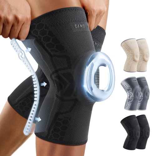 CAMBIVO Elite Motion Series Knee Brace for Men and Women (2 Pack), Knee Compression Sleeves with Patella Gel Pad and Side Stabilizers for Knee Pain Relief, Running, Workouts, Sports (Black, Large)