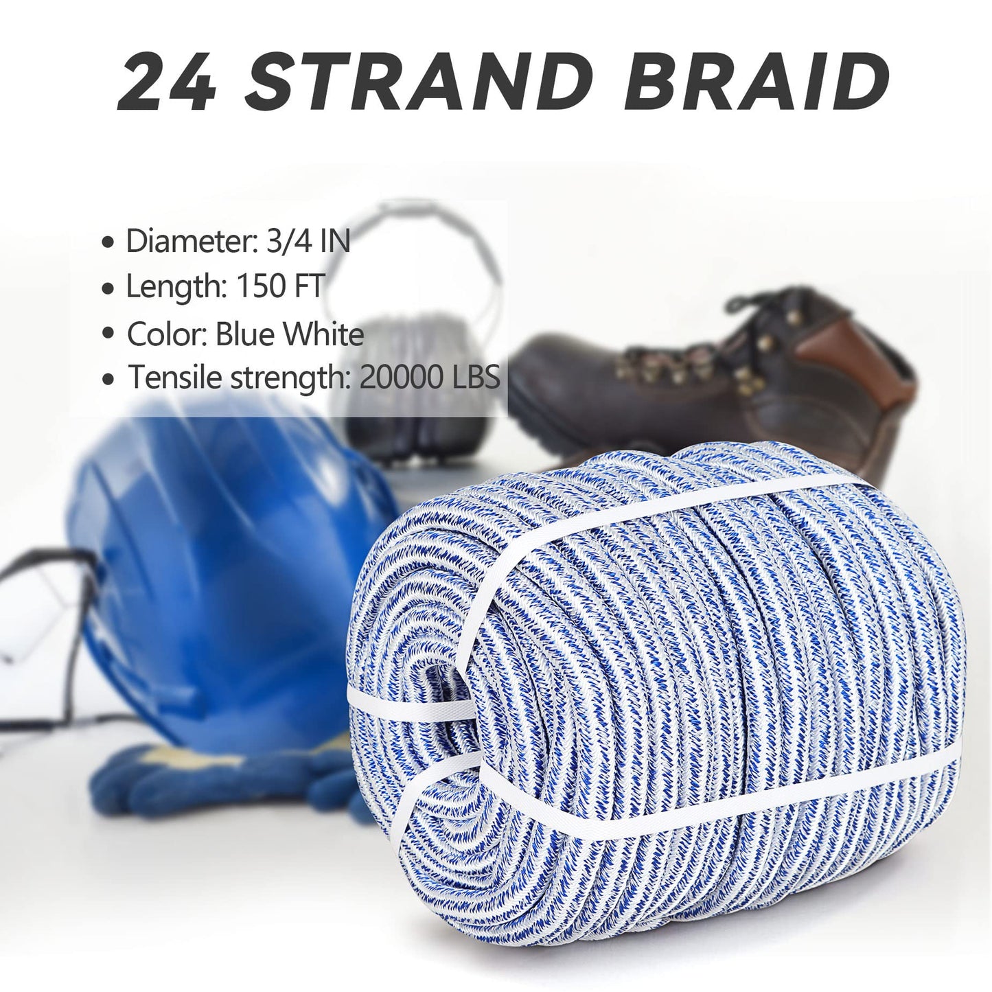 HOSTIC 3/4 in 150 FT 24 Strand Braided Polyester Rope for Tree Work, Arborist Swing, Felling - Blue White